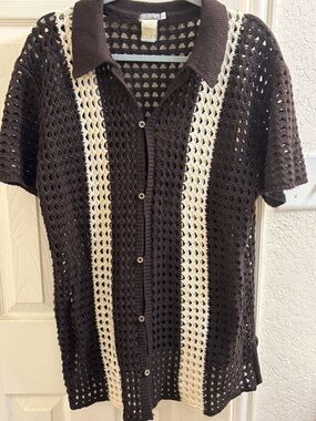 EARTHBOUND Brown Open-Knit Short Sleeve Button-Up Shirt with Cream Stripes
